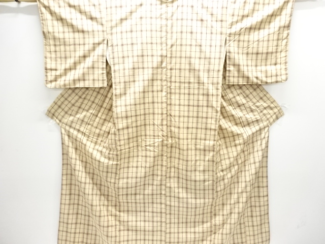 アンティーク　格子織り出し手織り紬着物